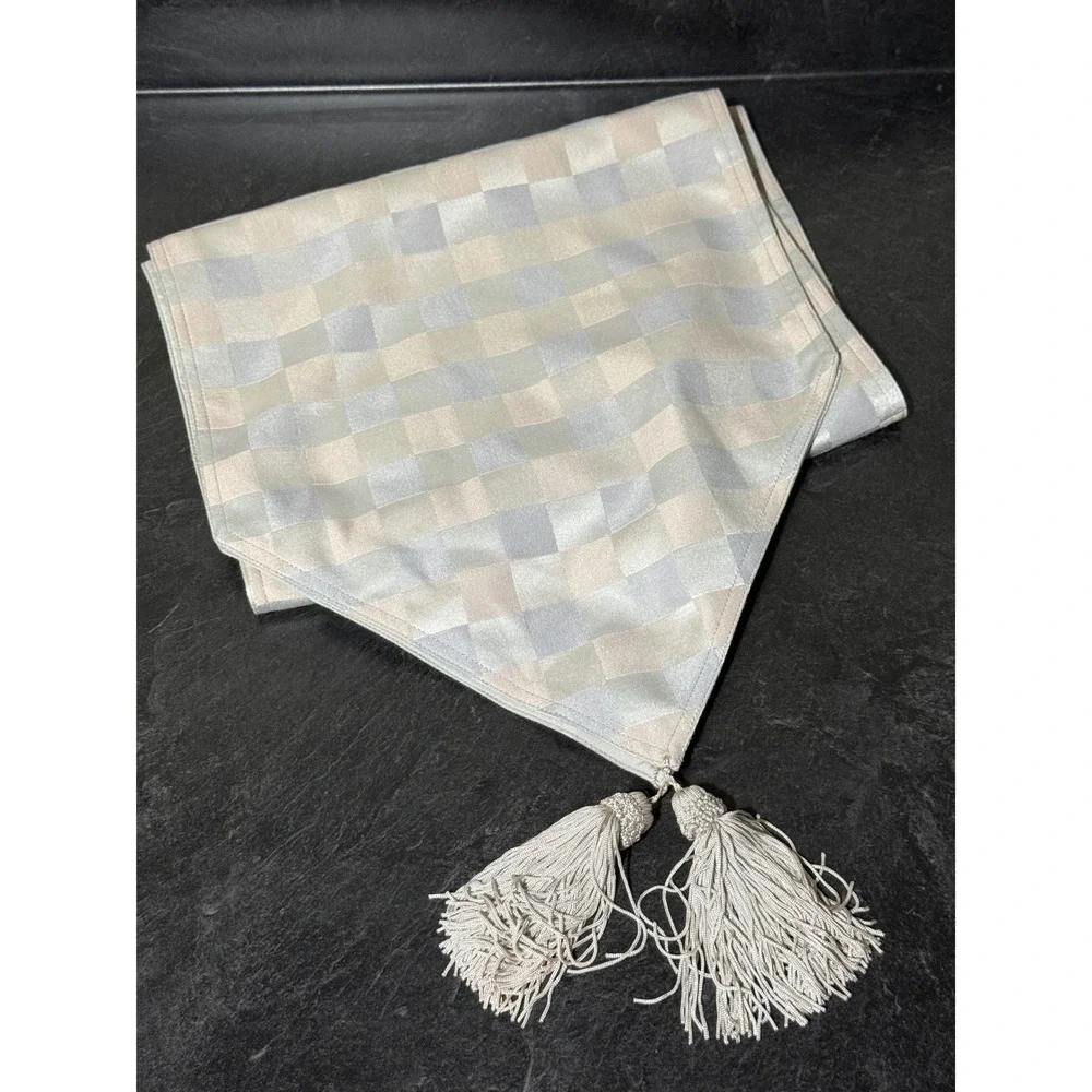 Silver Champagne Checkered Table RunnerTassels 13x60 Formal Dining Wedding Decor